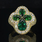 Yellow gold and diamond Cross Ring with Green Fancy Pear Cut Gem Stone