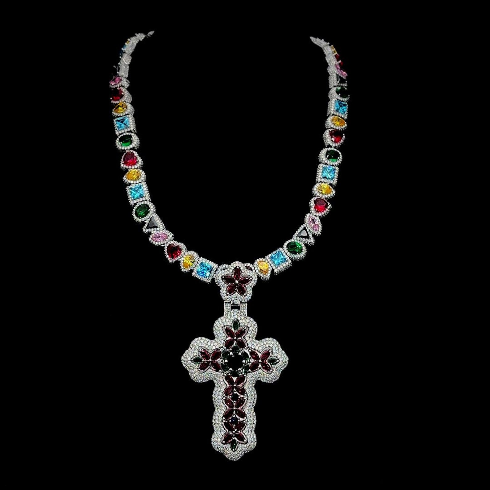Luxury Multicolor Gemstone Cross Pendant Necklace